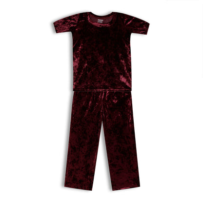 CHILINS Girls Velvet Co-Ord Set | Maroon Top & Pants Set for Kids