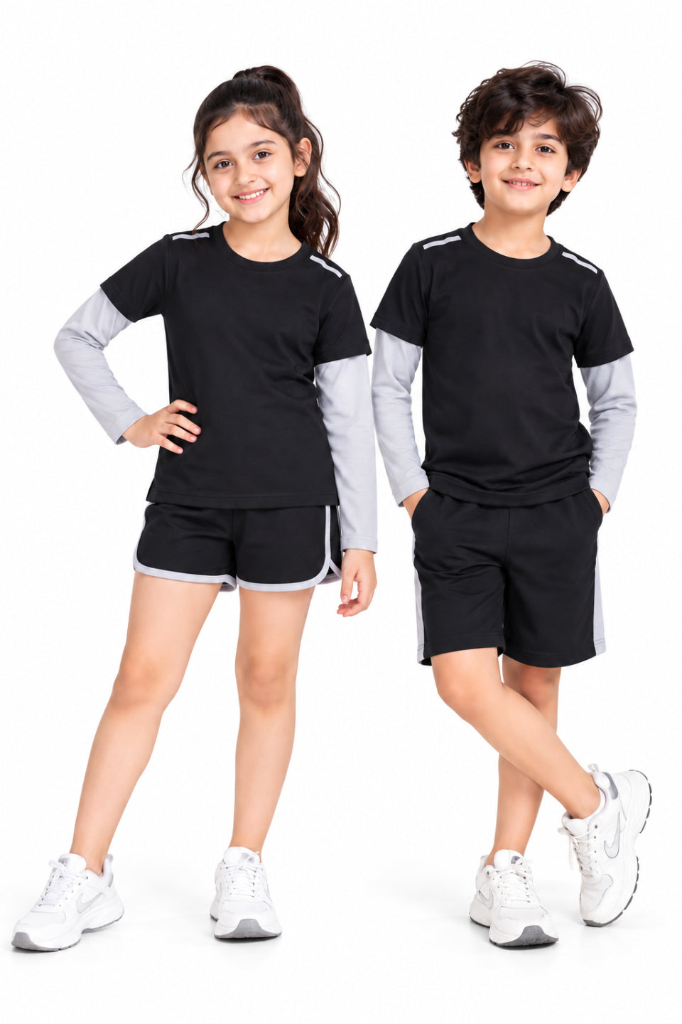 CHILINS Kids Black & Grey Sports T-Shirt | Boys & Girls | Layered Sleeve Design | Active Wear