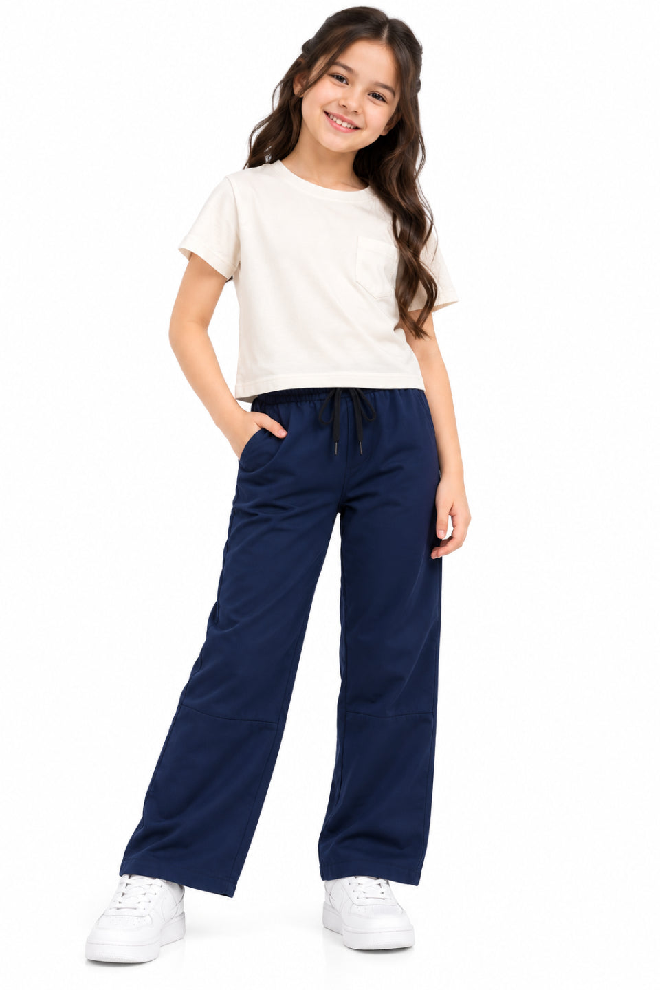 CHILINS Girls Navy Blue Cotton Track Pants | Wide-Leg Trousers with Drawstring Waist