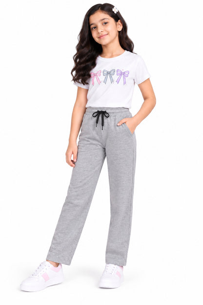 CHILINS Girls Grey Cotton Track Pants | Straight-Leg Trousers with Drawstring Waist