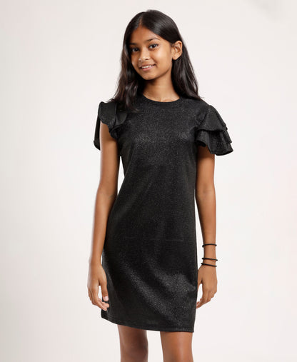 Girls’ Sparkle Black Party Dress with Layered Ruffle Sleeves – Elegant Shimmery A-Line Dress for Kids