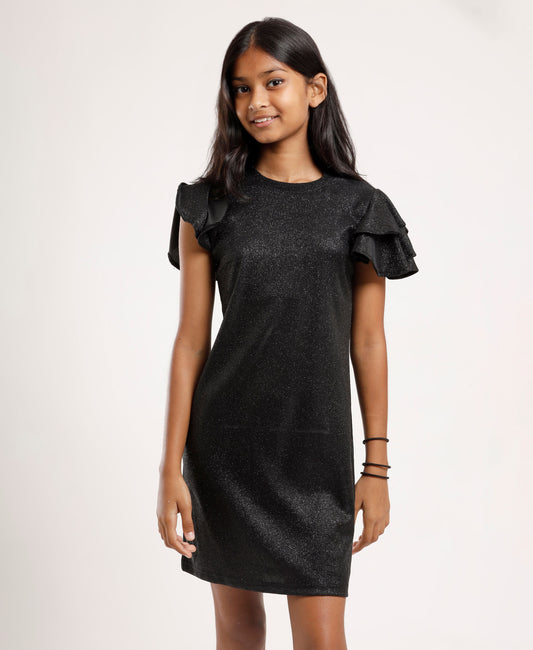 Girls’ Sparkle Black Party Dress with Layered Ruffle Sleeves – Elegant Shimmery A-Line Dress for Kids