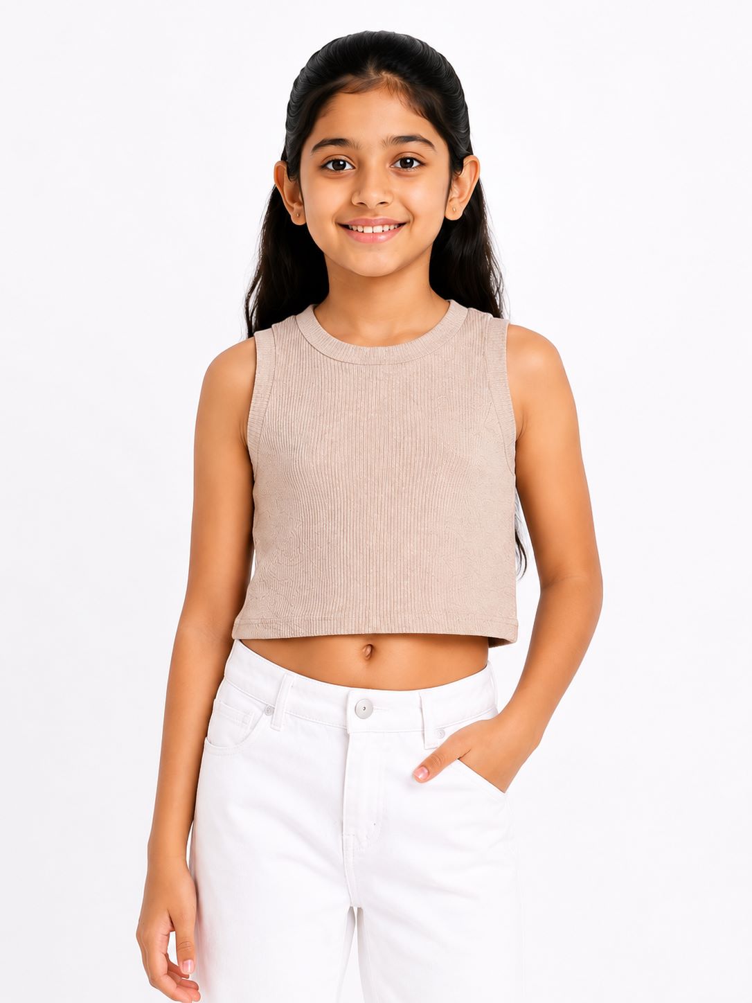 CHILINS Girls Beige Ribbed Sleeveless Crop Top