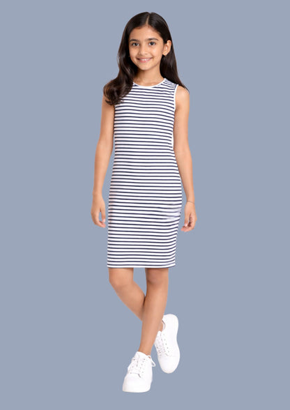 Girls White Black Striped Cotton Dress | Sleevesless | Casual & Outing Wear
