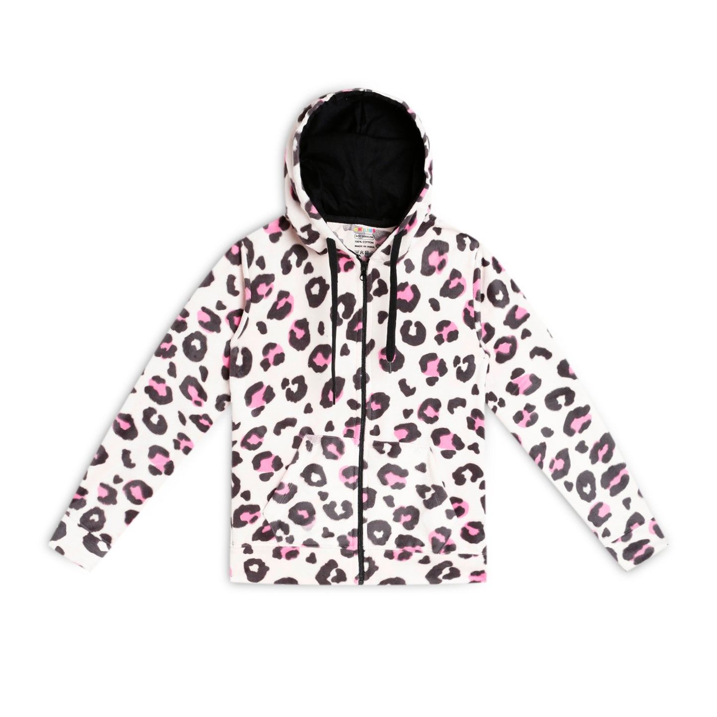 Girls Zipper Hooded Sweatshirt | Animal Print | Kangaroo Pockets | Regular Fit | White Black Pink
