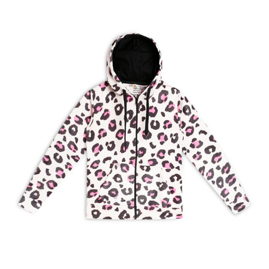 Girls Zipper Hooded Sweatshirt | Animal Print | Kangaroo Pockets | Regular Fit | White Black Pink