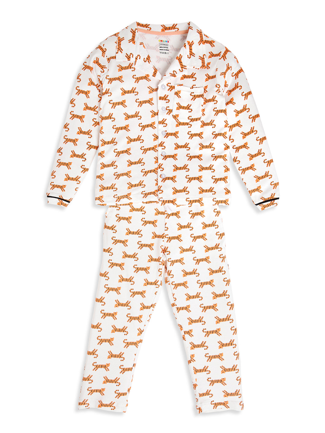 CHILINS Boys Tiger Print Night Suit Set | 100% Pure Cotton Full Sleeve Shirt & Pyjama