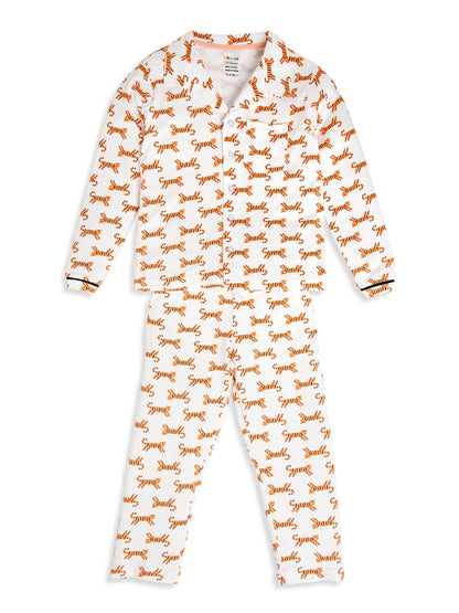 CHILINS Boys Tiger Print Night Suit Set | 100% Pure Cotton Full Sleeve Shirt & Pyjama