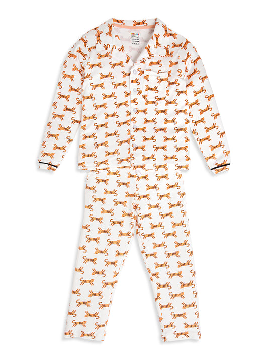 CHILINS Boys Tiger Print Night Suit Set | 100% Pure Cotton Full Sleeve Shirt & Pyjama
