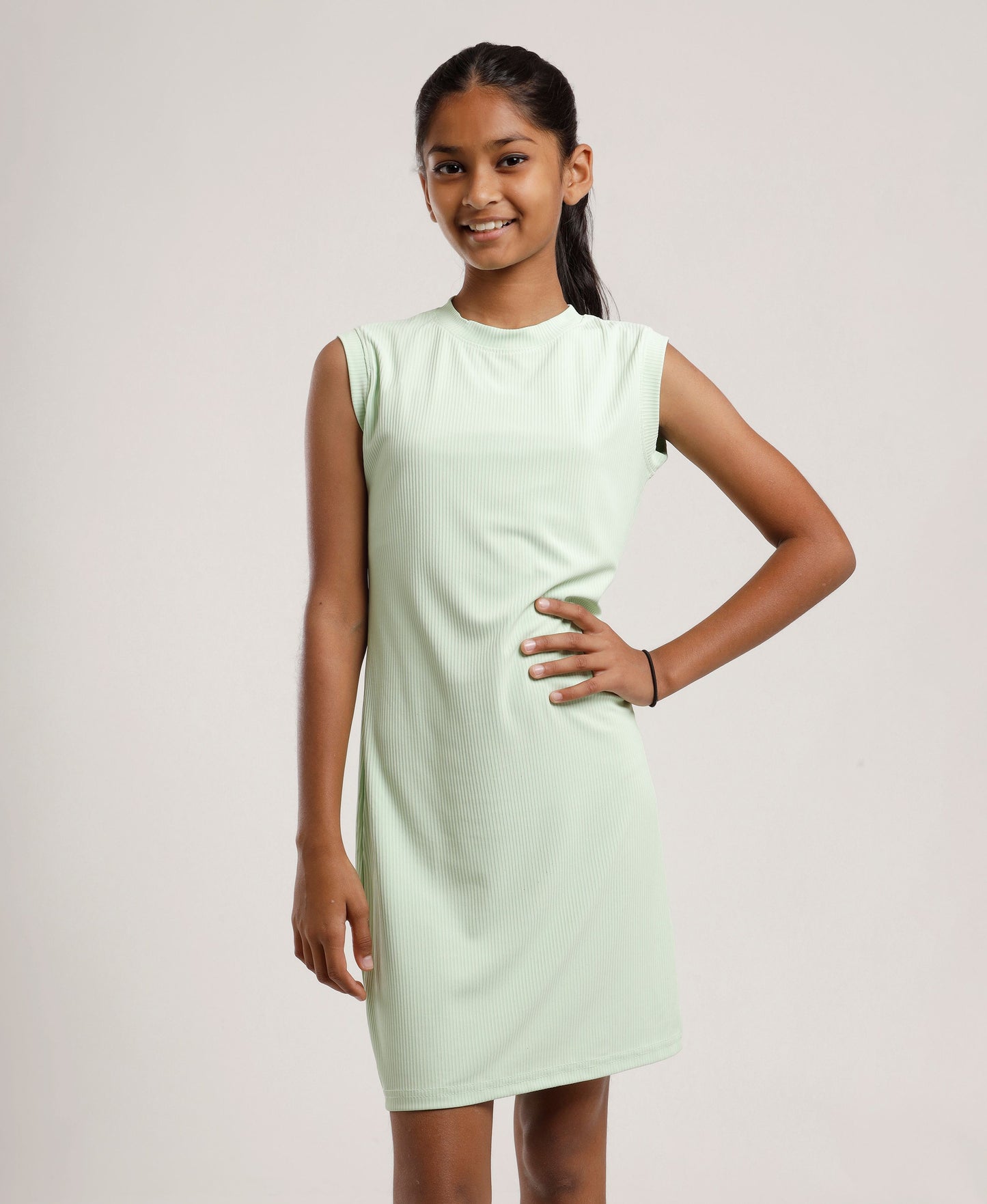 Girls Solid Mint Green Sleeveless Dress | Everyday Knee-Length Casual Wear