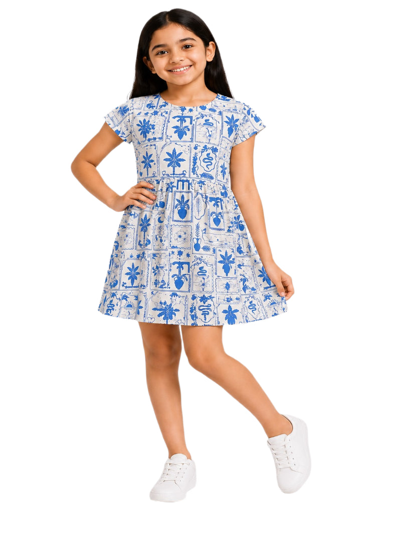 CHILINS Girls Blue & White Printed Fit and Flare Dress – Short Sleeve Casual Party Wear Dress