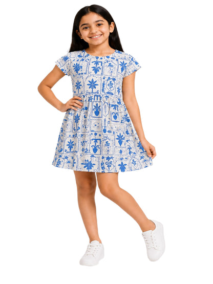 CHILINS Girls Blue & White Printed Fit and Flare Dress – Short Sleeve Casual Party Wear Dress