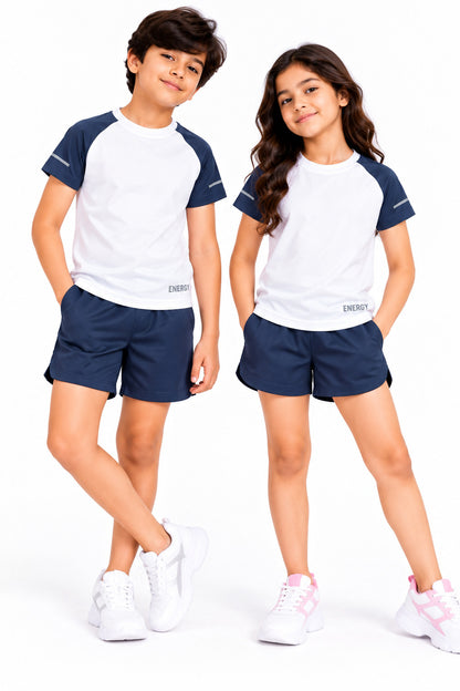 CHILINS Kids White & Navy Blue Sports T-Shirt | Boys & Girls | Raglan Sleeves | Active Wear