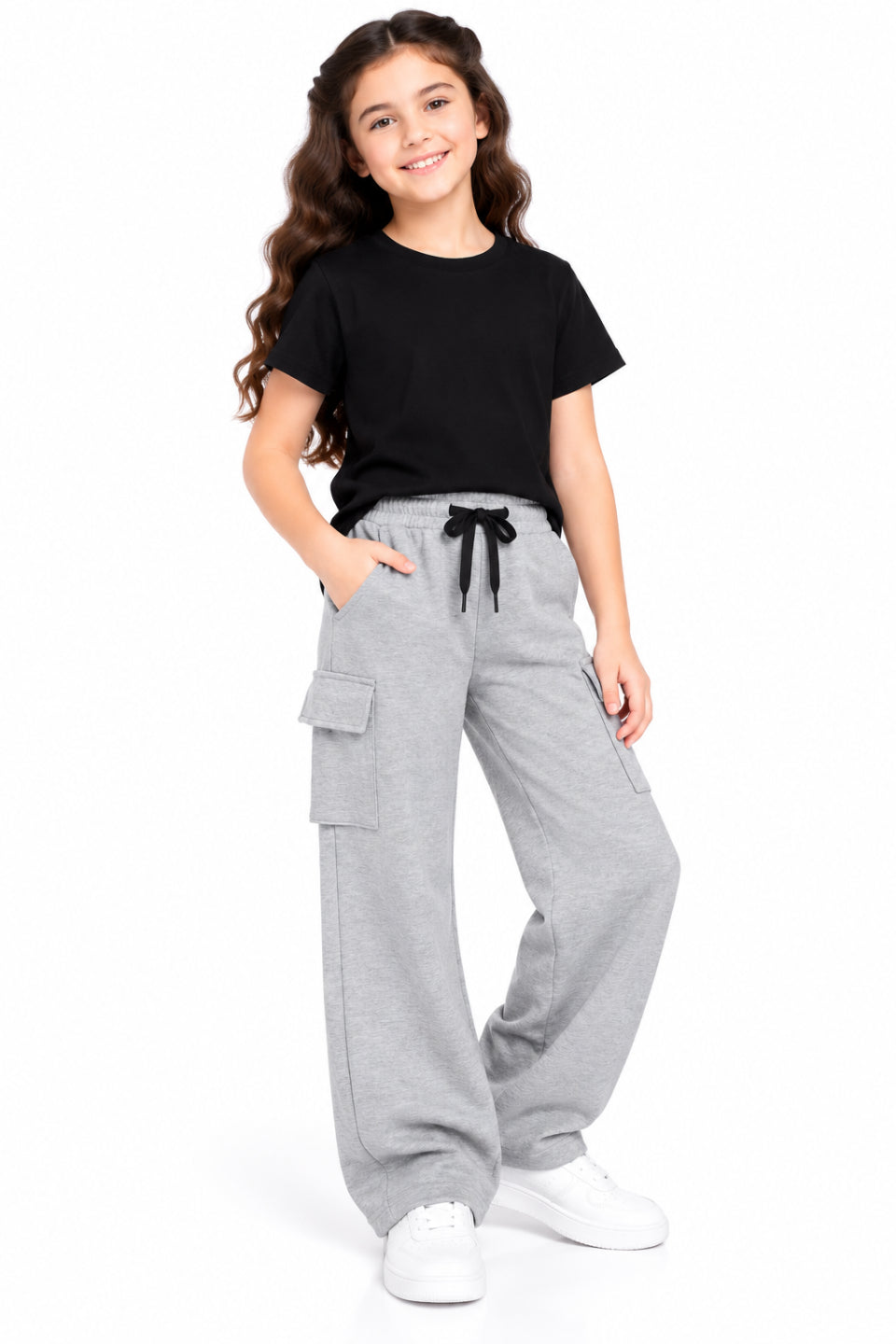 CHILINS Girls Grey Cotton Cargo Track Pants | Wide-Leg Trousers with Drawstring Waist