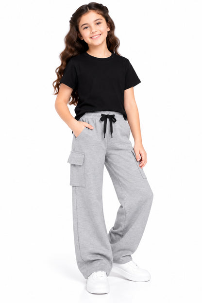 CHILINS Girls Grey Cotton Cargo Track Pants | Wide-Leg Trousers with Drawstring Waist