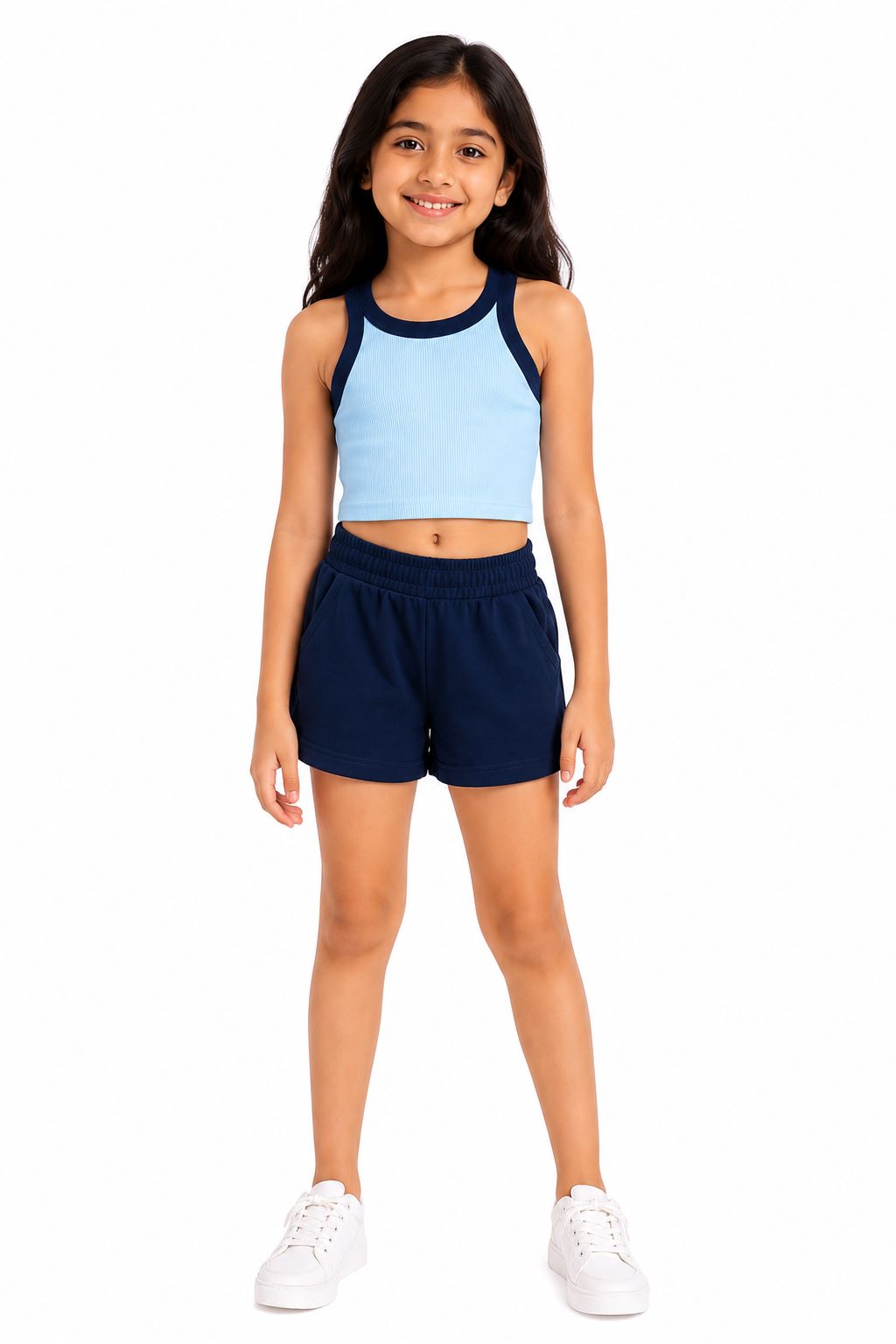 CHILINS Girls Sky Blue Ribbed Contrast Sleeveless Crop Top