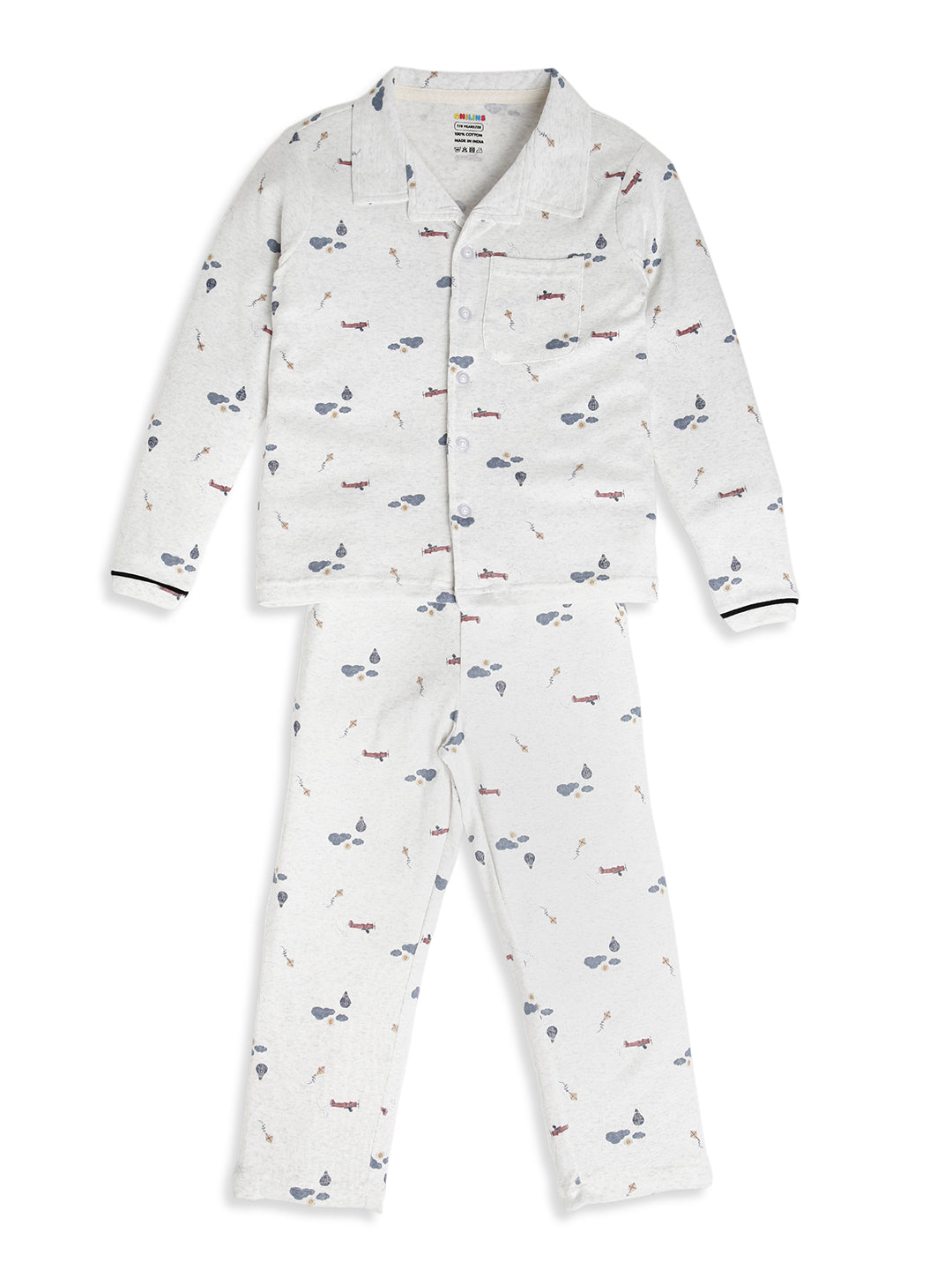 CHILINS Boys Airplane Print Night Suit Set | 100% Pure Cotton Full Sleeve Shirt & Pyjama