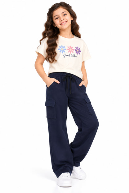 CHILINS Girls Navy Blue Cotton Cargo Track Pants | Wide-Leg Trousers with Drawstring Waist