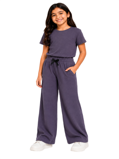 CHILINS Girls Purple Textured Top & Wide-Leg Pants Set
