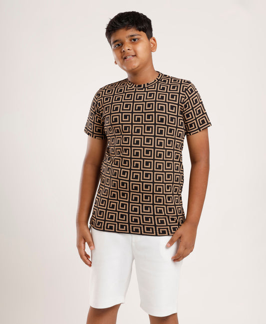 Boys’ Geometric All-Over Printed T-Shirt | Soft Cotton Casual Wear Tee for Kids