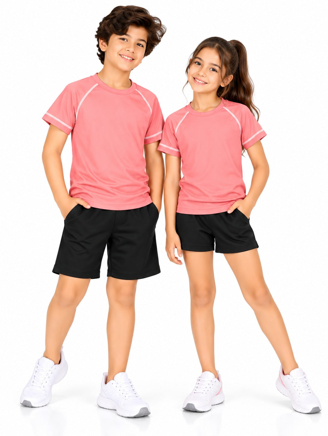 CHILINS Kids Coral Pink Sports T-Shirt | Boys & Girls | Raglan Sleeves | Contrast Stitching