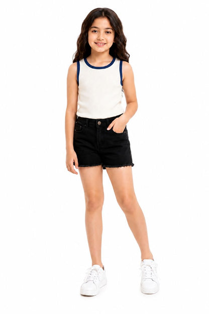 CHILINS Girls White Sleeveless Ribbed Top with Navy Blue Trim