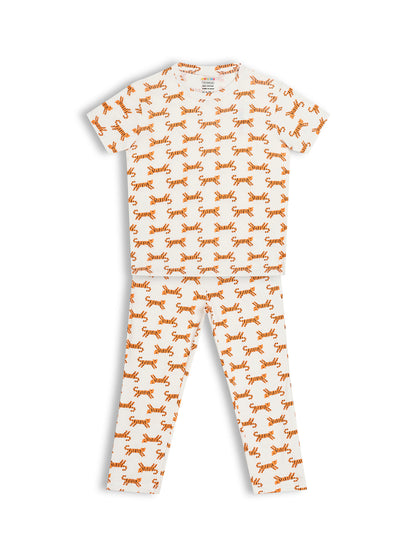 CHILINS Kids Pure Cotton Printed T-Shirt & Pyjama Set | Tiger Print Nightwear Set