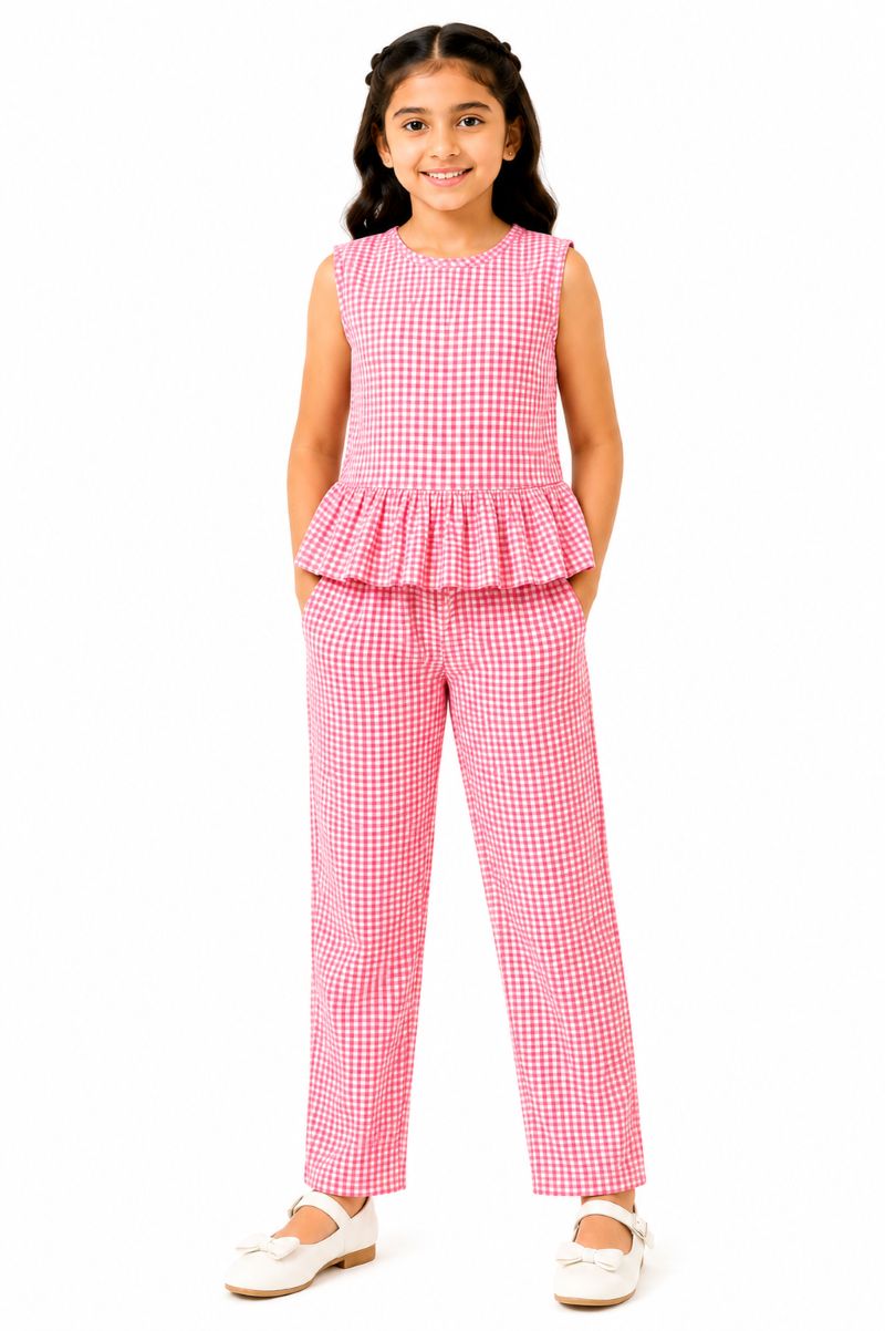 CHILINS Girls Pink & White Gingham Check Ruffle Top with Pants Set