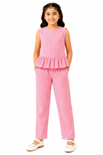 CHILINS Girls Pink & White Gingham Check Ruffle Top with Pants Set