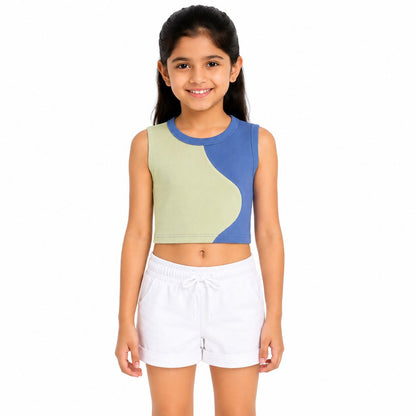 CHILINS Girls Green & Blue Color Block Sleeveless Crop Top