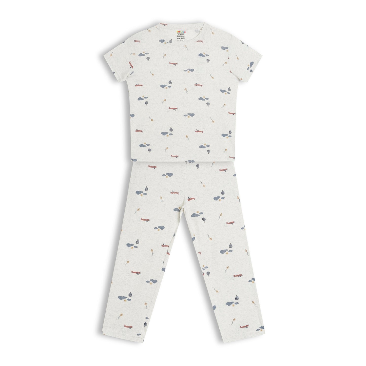 CHILINS Kids Pure Cotton Printed T-Shirt & Pyjama Set | Cream Comfort Nightwear
