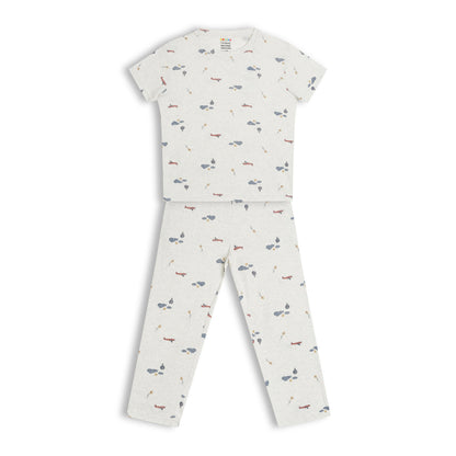 CHILINS Kids Pure Cotton Printed T-Shirt & Pyjama Set | Cream Comfort Nightwear