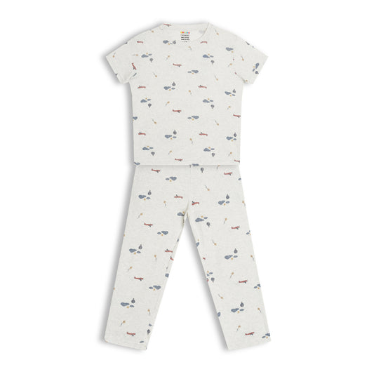 CHILINS Kids Pure Cotton Printed T-Shirt & Pyjama Set | Cream Comfort Nightwear