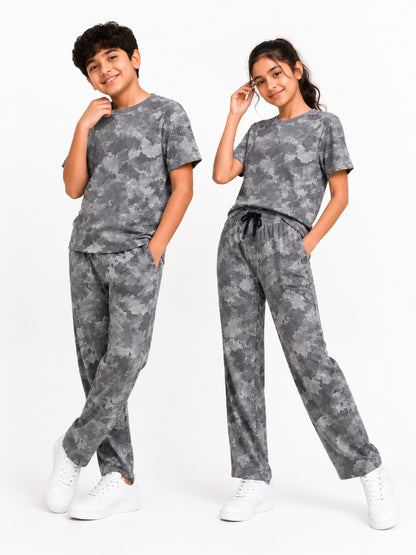 CHILINS Kids Grey Printed T-Shirt & Straight Fit Pants Co-Ord Set – Boys & Girls Casual Wear