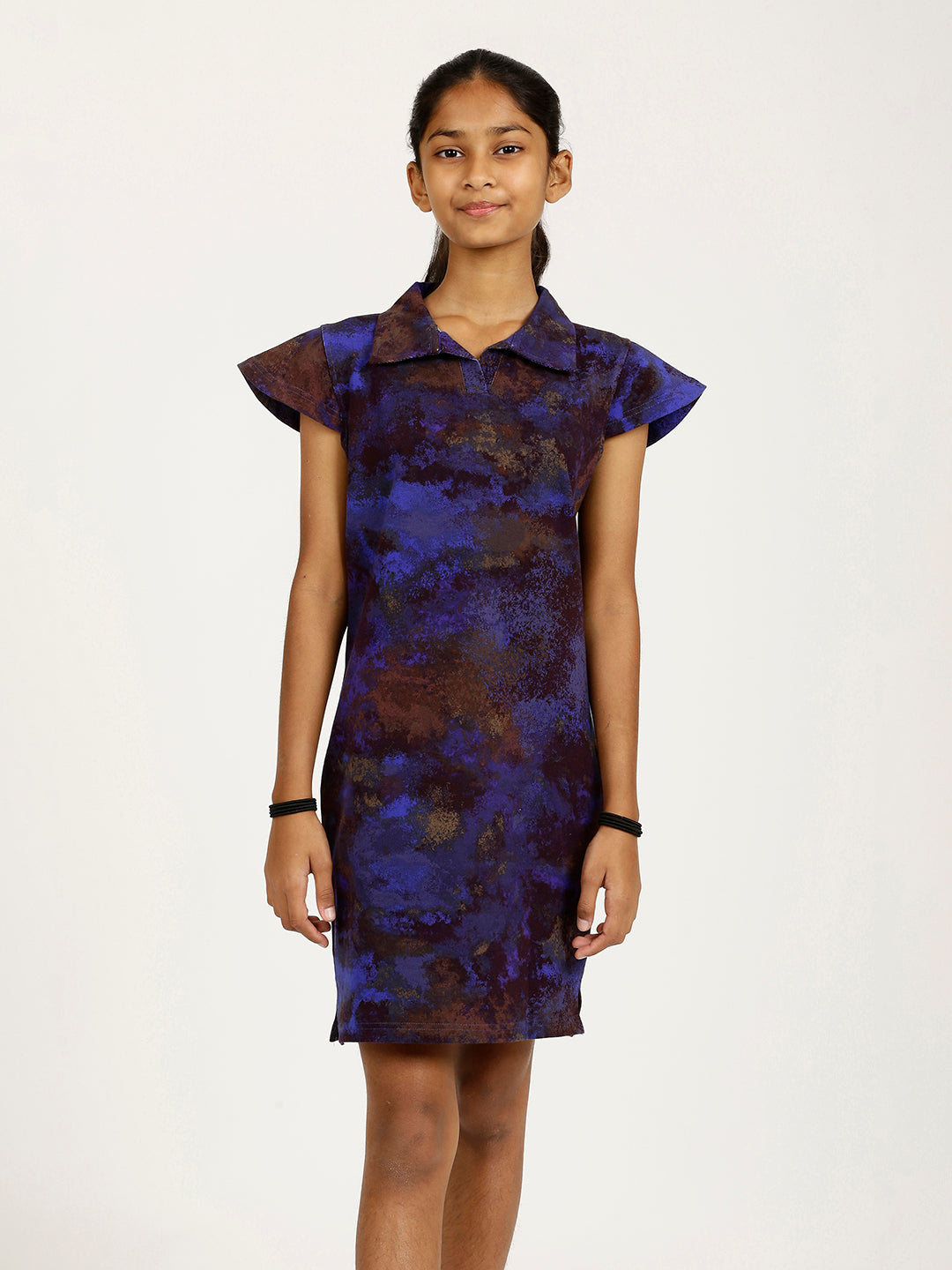 CHILINS Girls Pure Cotton Ribbed Casual Dress – Blue & Brown Tie-Dye Print