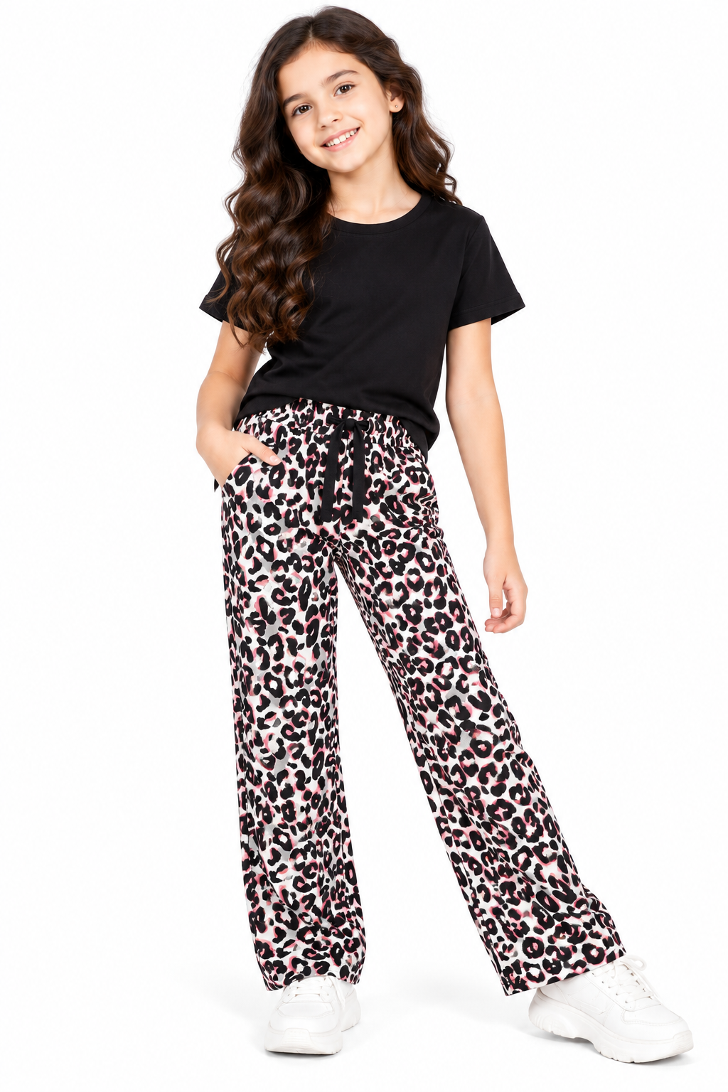 CHILINS Girls White & Pink Leopard Print Palazzo Pants | Wide Leg Casual Trousers
