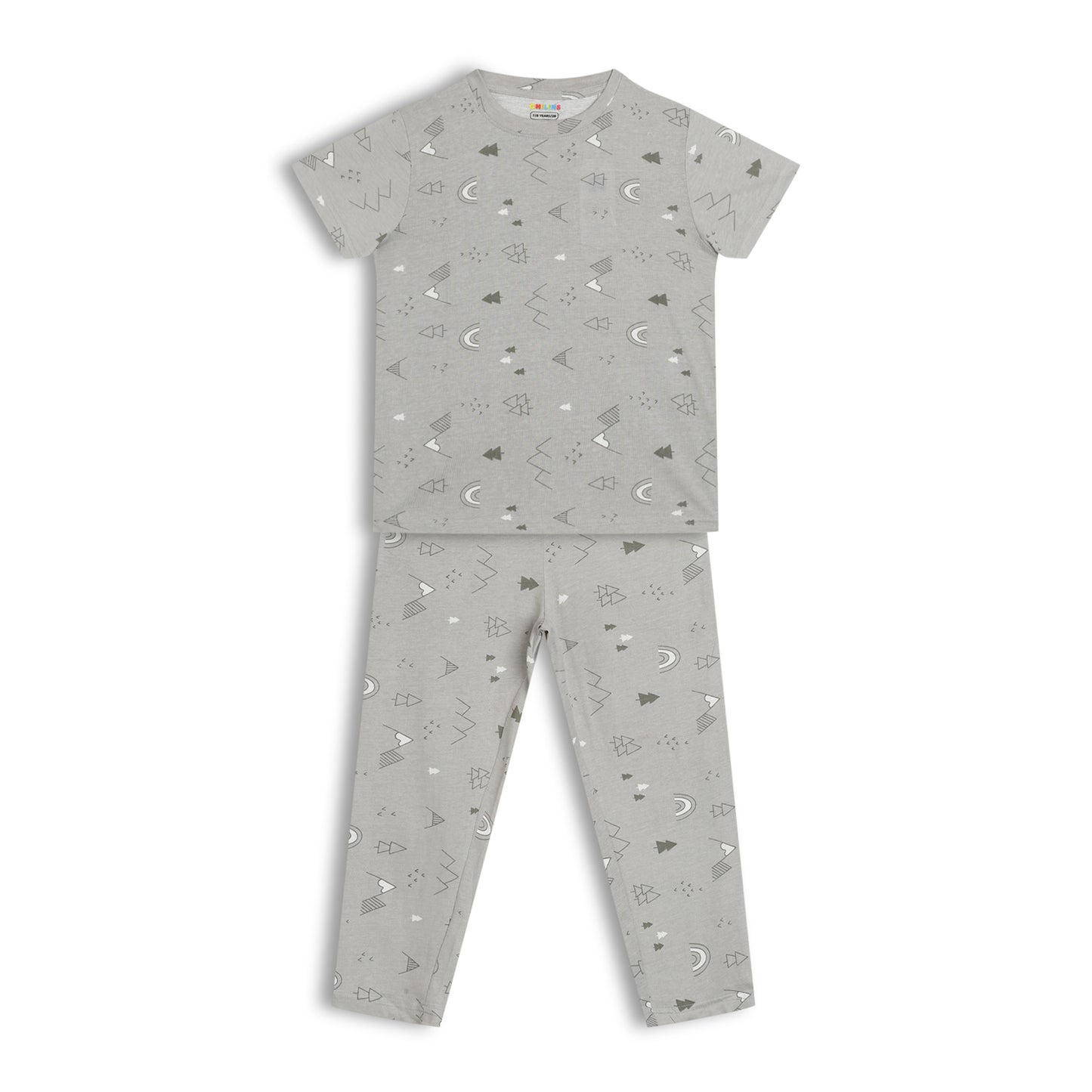 CHILINS Kids Pure Cotton T-Shirt & Pyjama Set | Grey Printed Nightwear Set