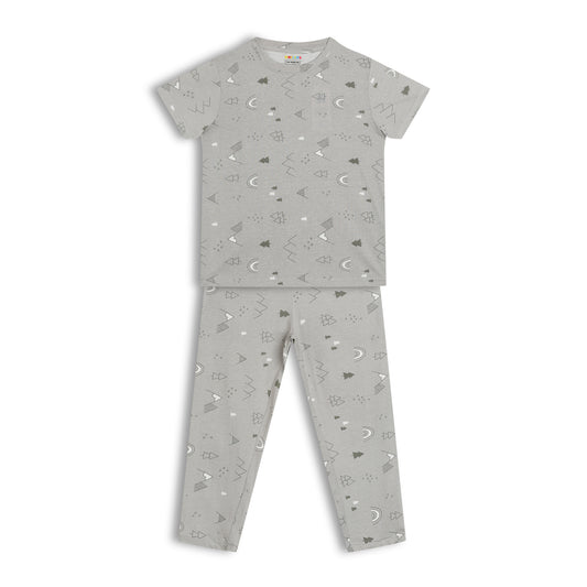 CHILINS Kids Pure Cotton T-Shirt & Pyjama Set | Grey Printed Nightwear Set