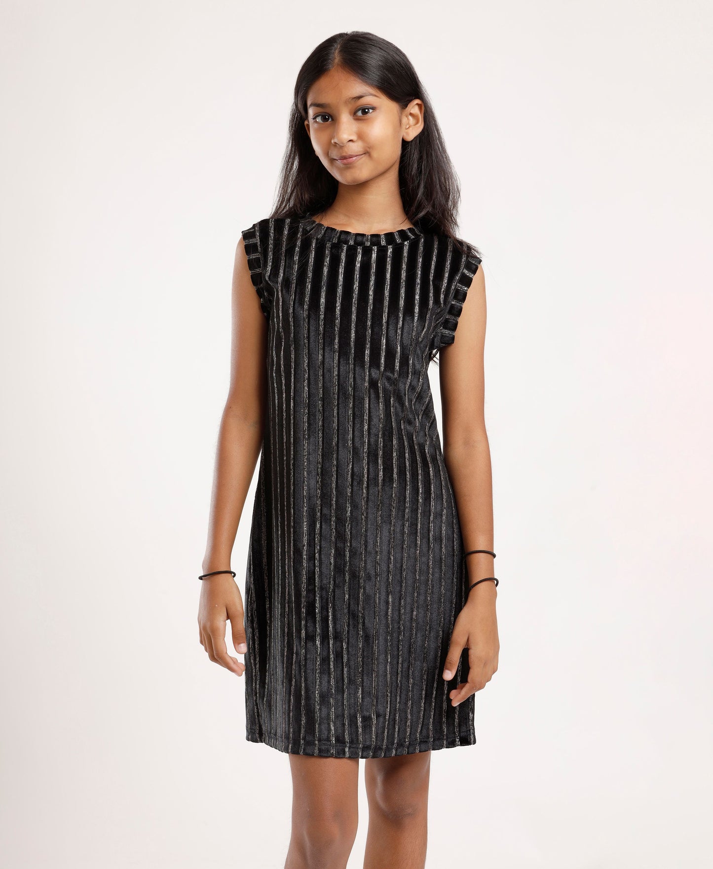 Girls Black Metallic Sleeveless Dress | Elegant Knee-Length Party Wear