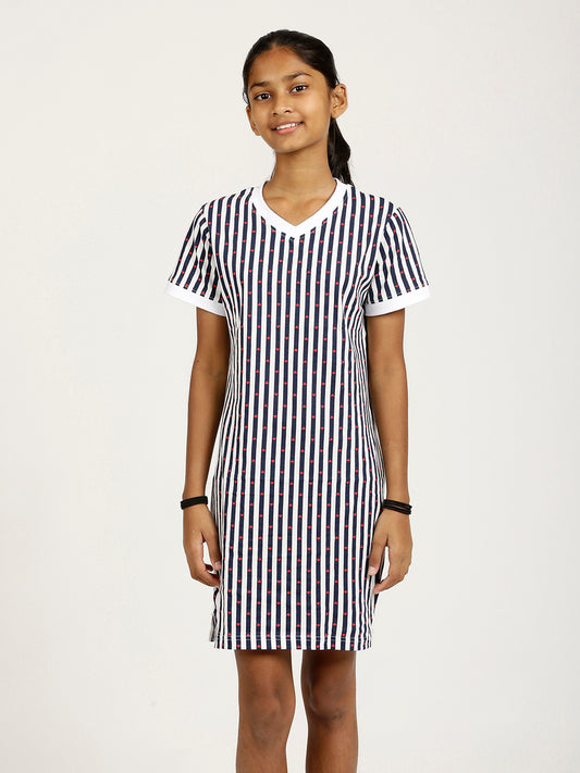 CHILINS Girls Pure Cotton Casual Dress – White & Blue Striped