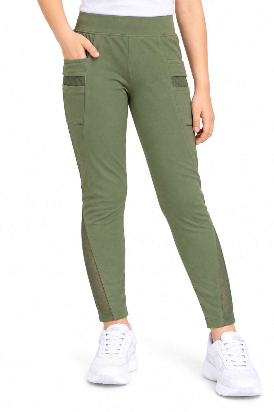 CHILINS Girls Olive Green Sports Leggings | Activewear Leggings | Mesh Side Panel | Comfortable Fit