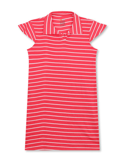 CHILINS Girls Pure Cotton Ribbed Casual Dress – Red & White Striped