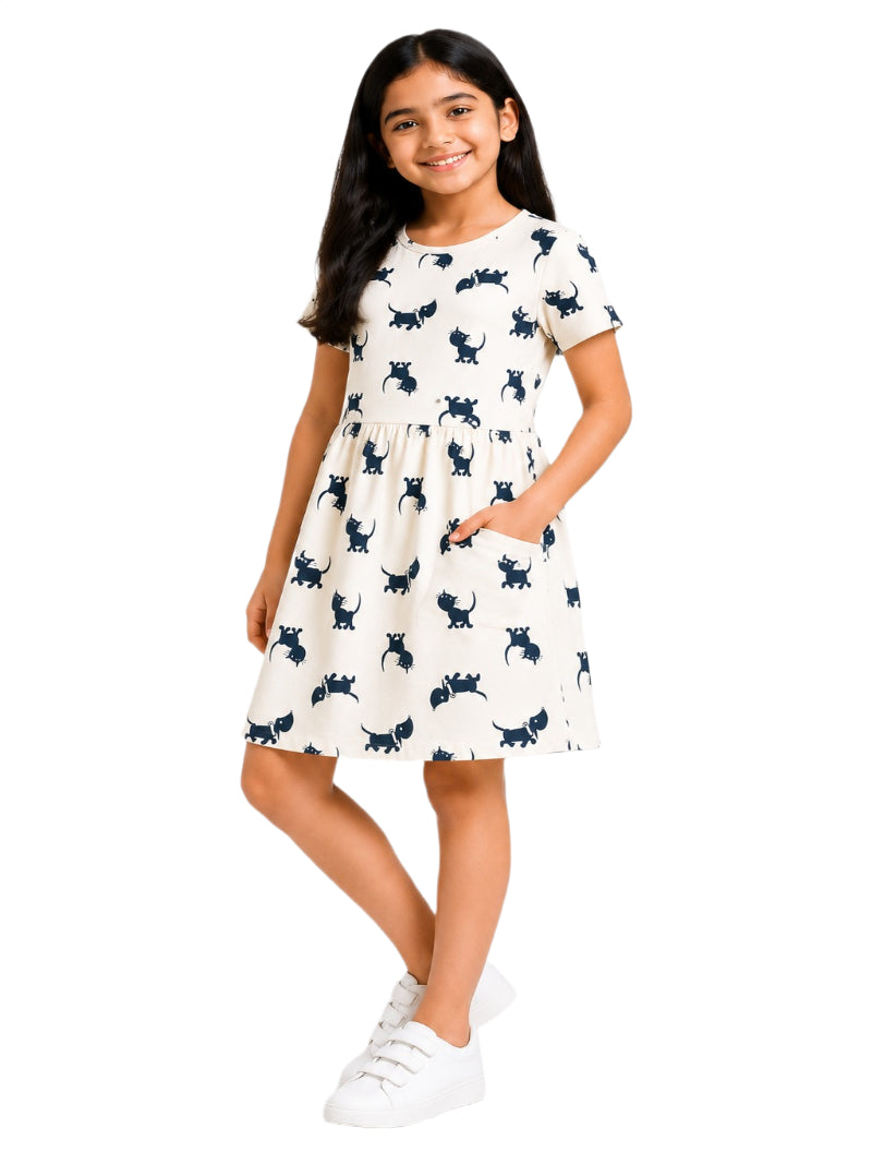 CHILINS Girls Beige Printed Cotton Frock Dress
