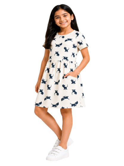 CHILINS Girls Beige Printed Cotton Frock Dress
