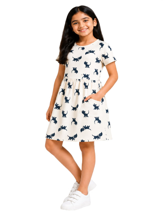CHILINS Girls Beige Printed Cotton Frock Dress