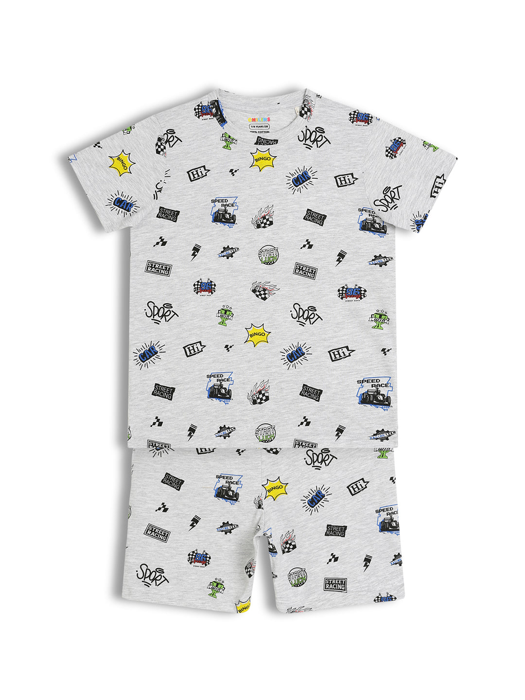 CHILINS Kids Pure Cotton Printed T-Shirt & Shorts Set | Racing Theme Co-Ord Set