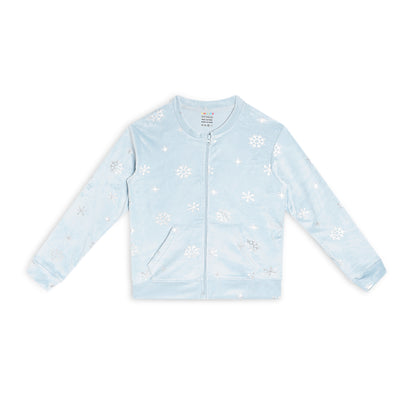 Girls Self Design Velvet Party Jacket with Zipper – Light Blue (Without Hood)