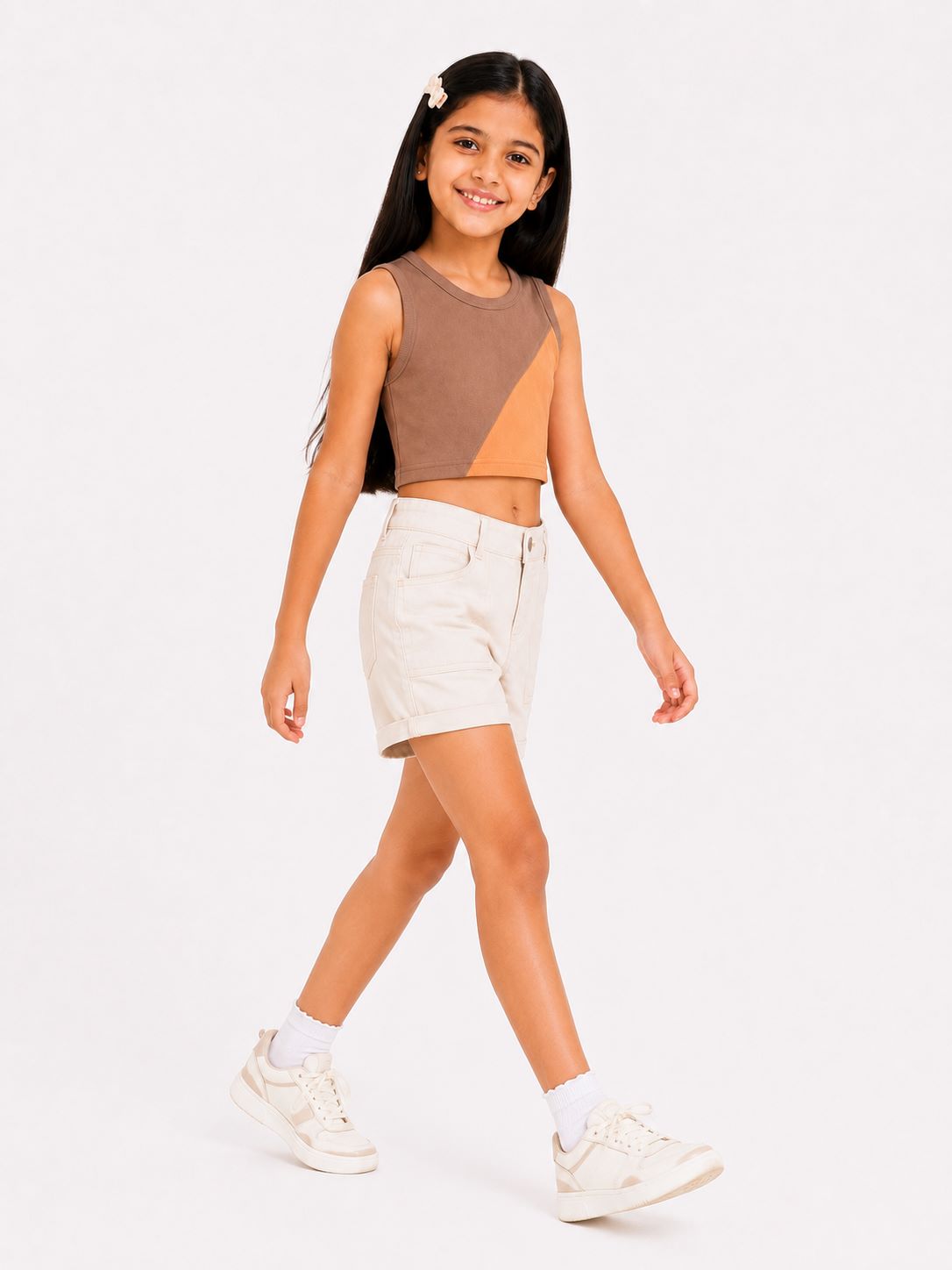 CHILINS Girls Brown & Peach Color Block Sleeveless Crop Top