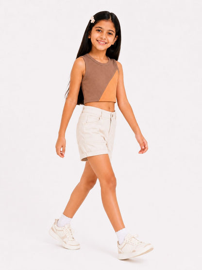CHILINS Girls Brown & Peach Color Block Sleeveless Crop Top