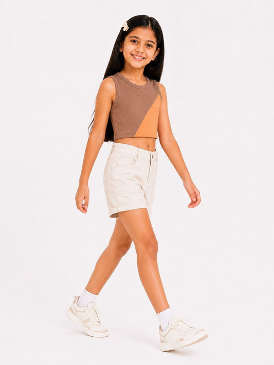 CHILINS Girls Brown & Peach Color Block Sleeveless Crop Top